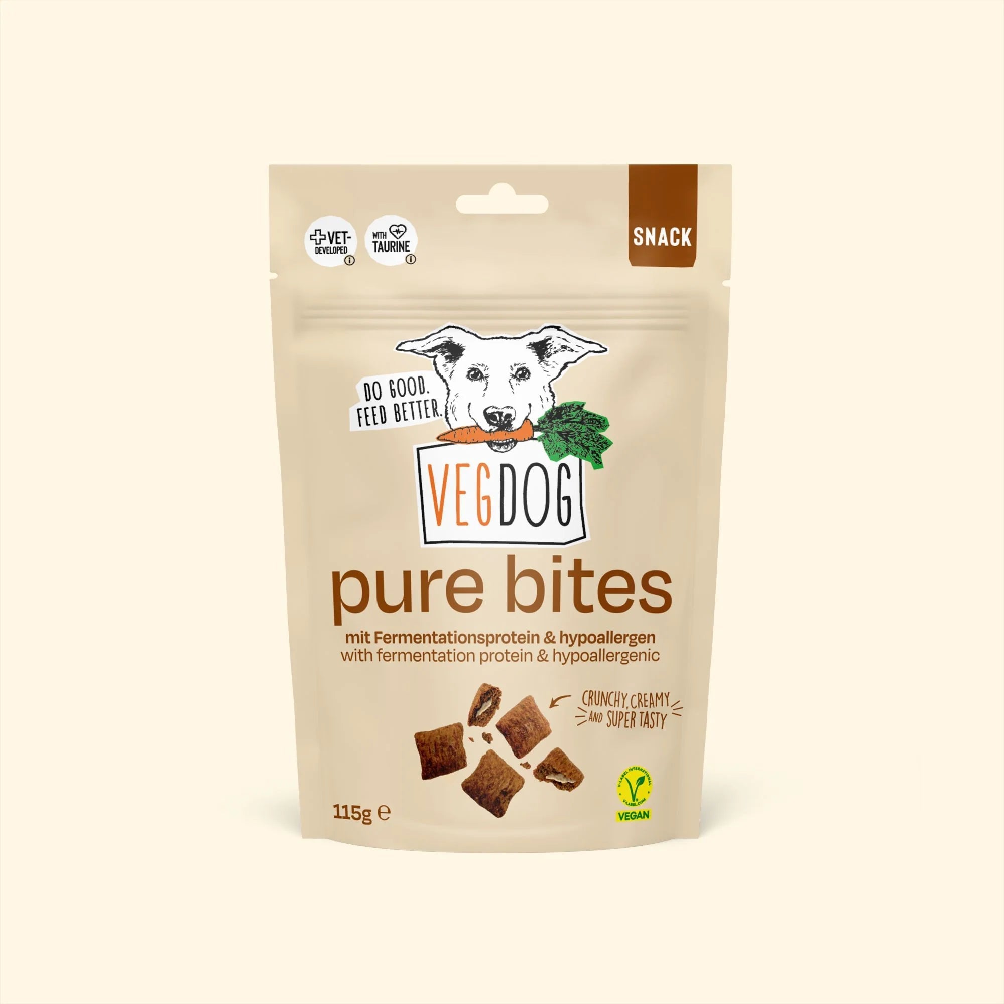 VegDog pure bites snack package on a beige background
