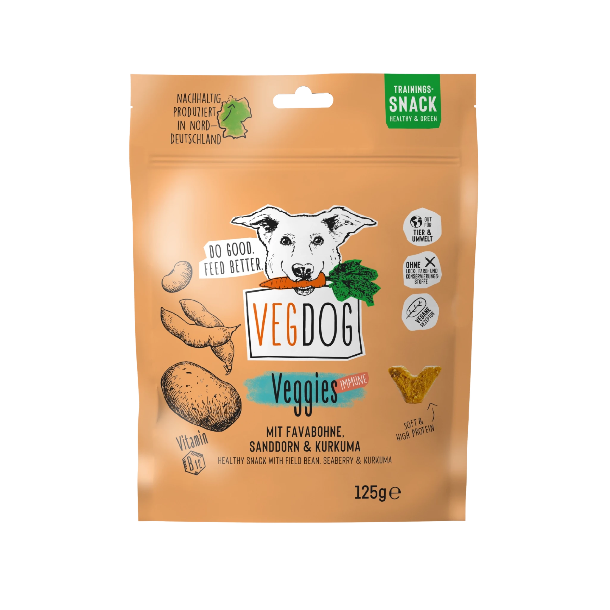 VegDog snacks packaging on a white background