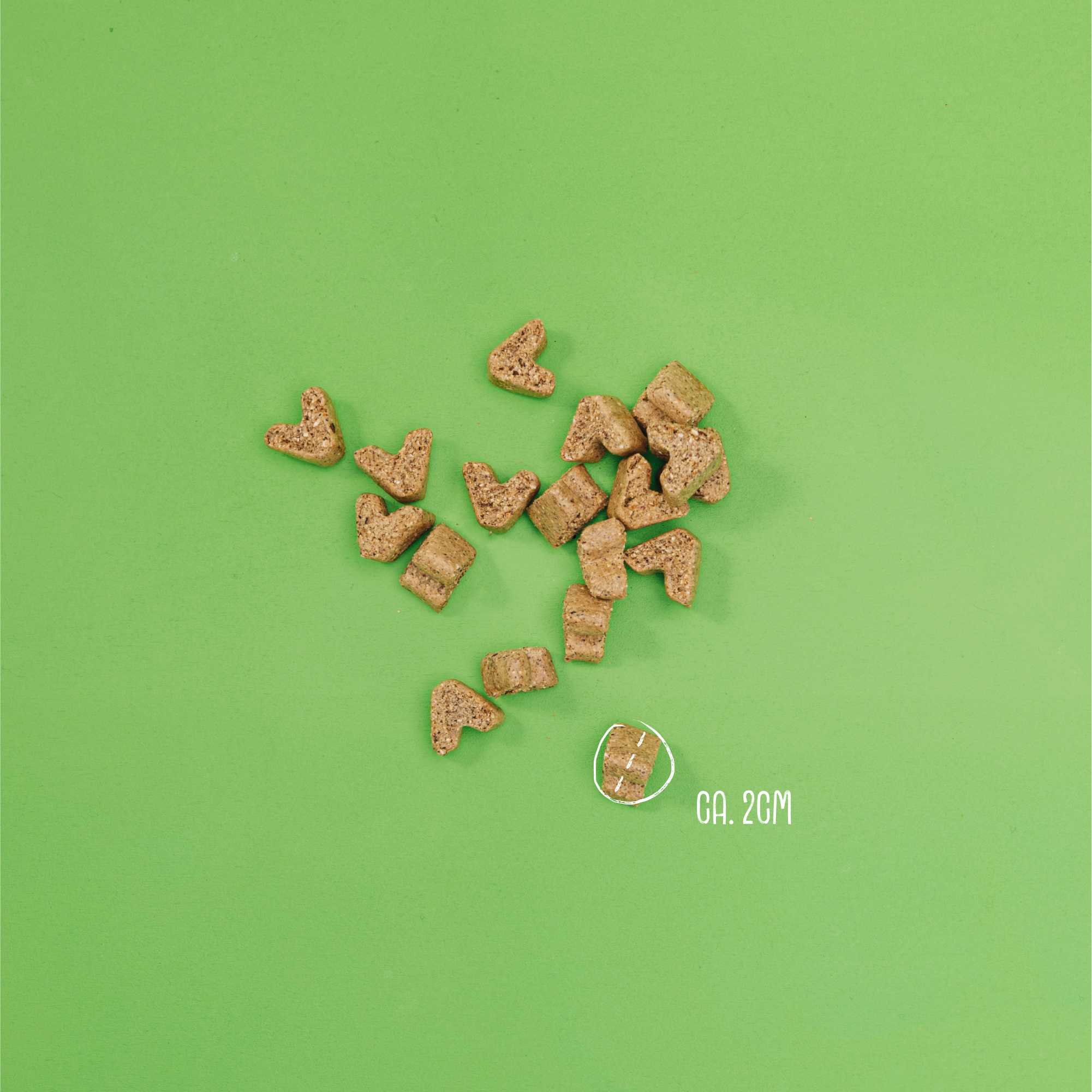 Heart-shaped dog treats arranged on a green background with a measurement label.