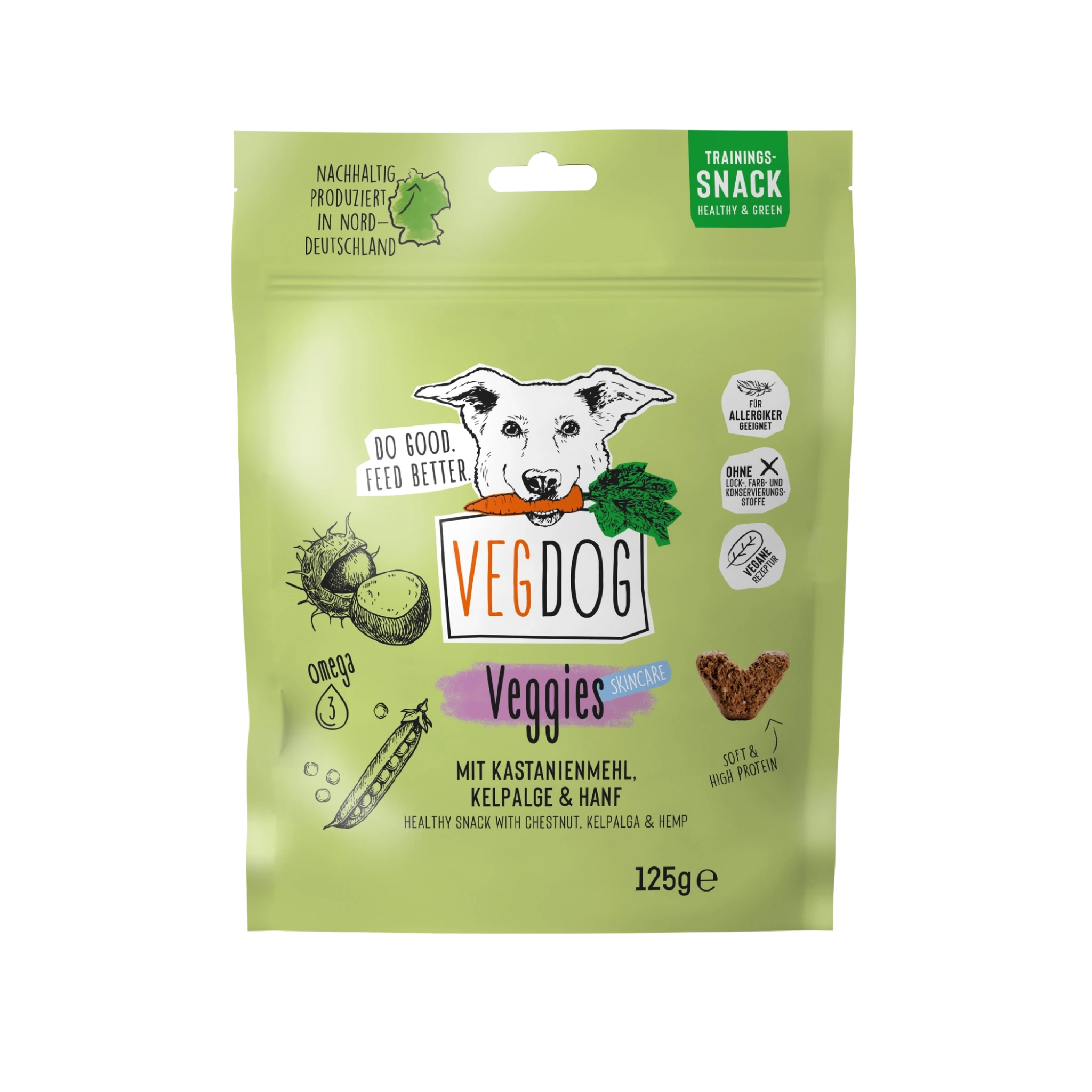 Green package of VegDog Veggies snack for dogs on a white background