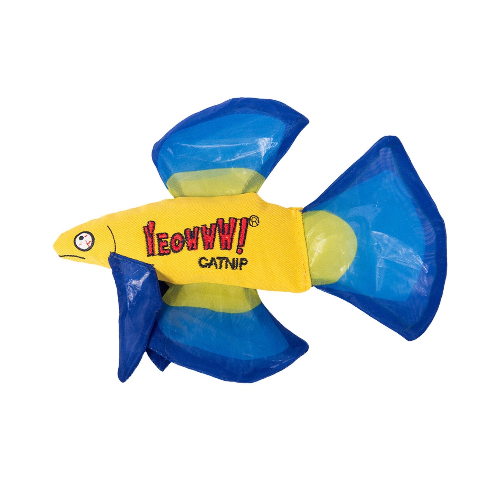 Blue and yellow fish-shaped cat toy with &