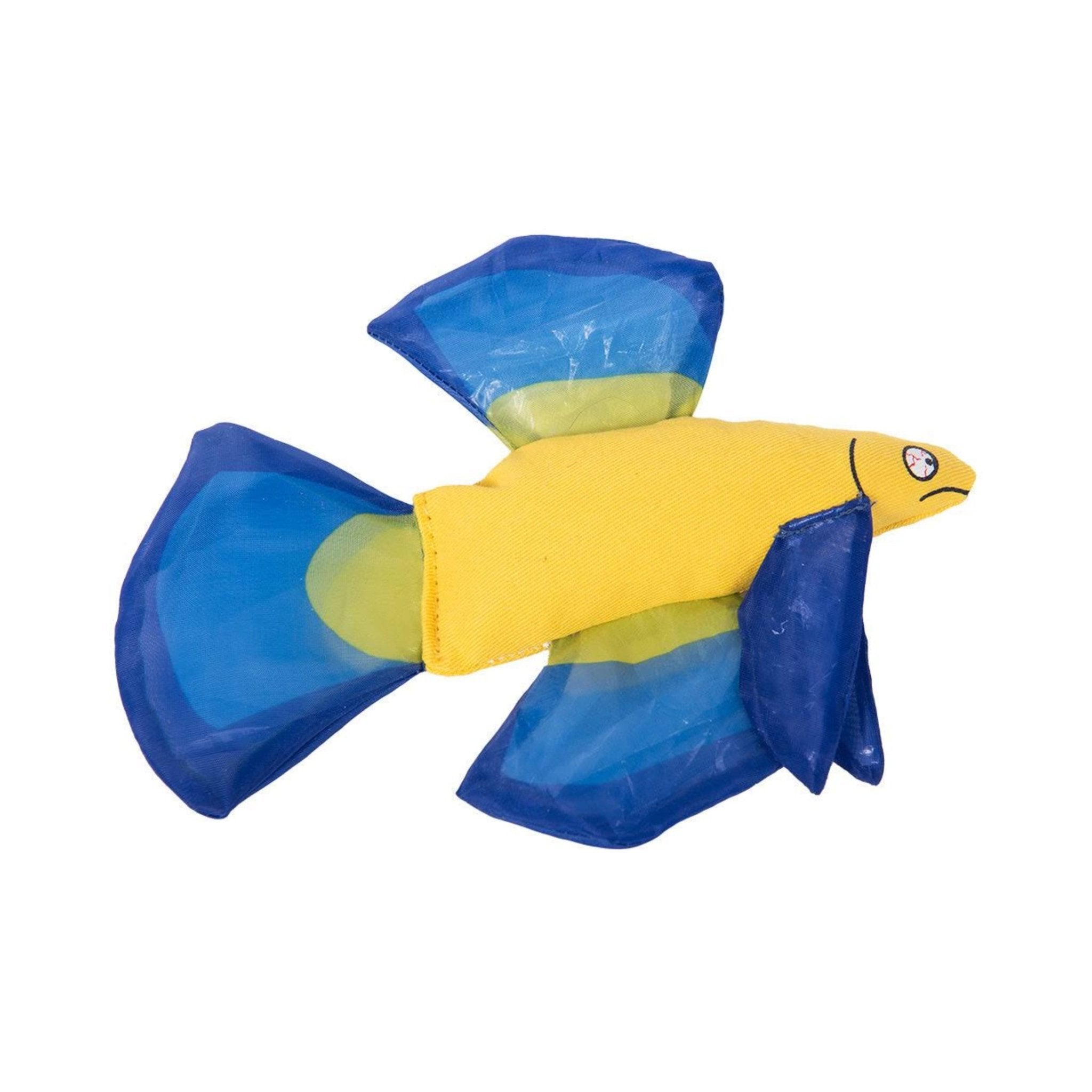 Toy fish with blue and yellow colors on a white background