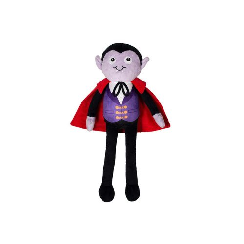 A plush vampire doll with a purple face, black hair, pointed ears, a red cape, a purple vest with gold buttons, a white shirt, and black pants, shown against a plain white background.