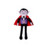 A plush vampire doll with a purple face, black hair, pointed ears, a red cape, a purple vest with gold buttons, a white shirt, and black pants, shown against a plain white background.