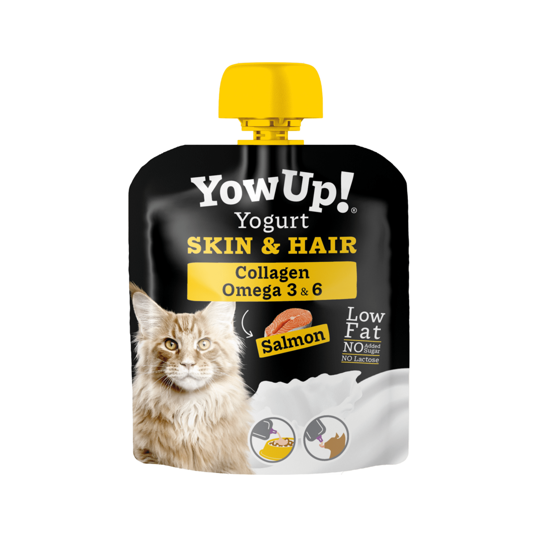 YowUp! Yogurt Skin &amp; Hair supplement pouch for cats with salmon flavor on a green background