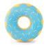 Donut-shaped inflatable pool float with blue frosting and yellow rim on a white background